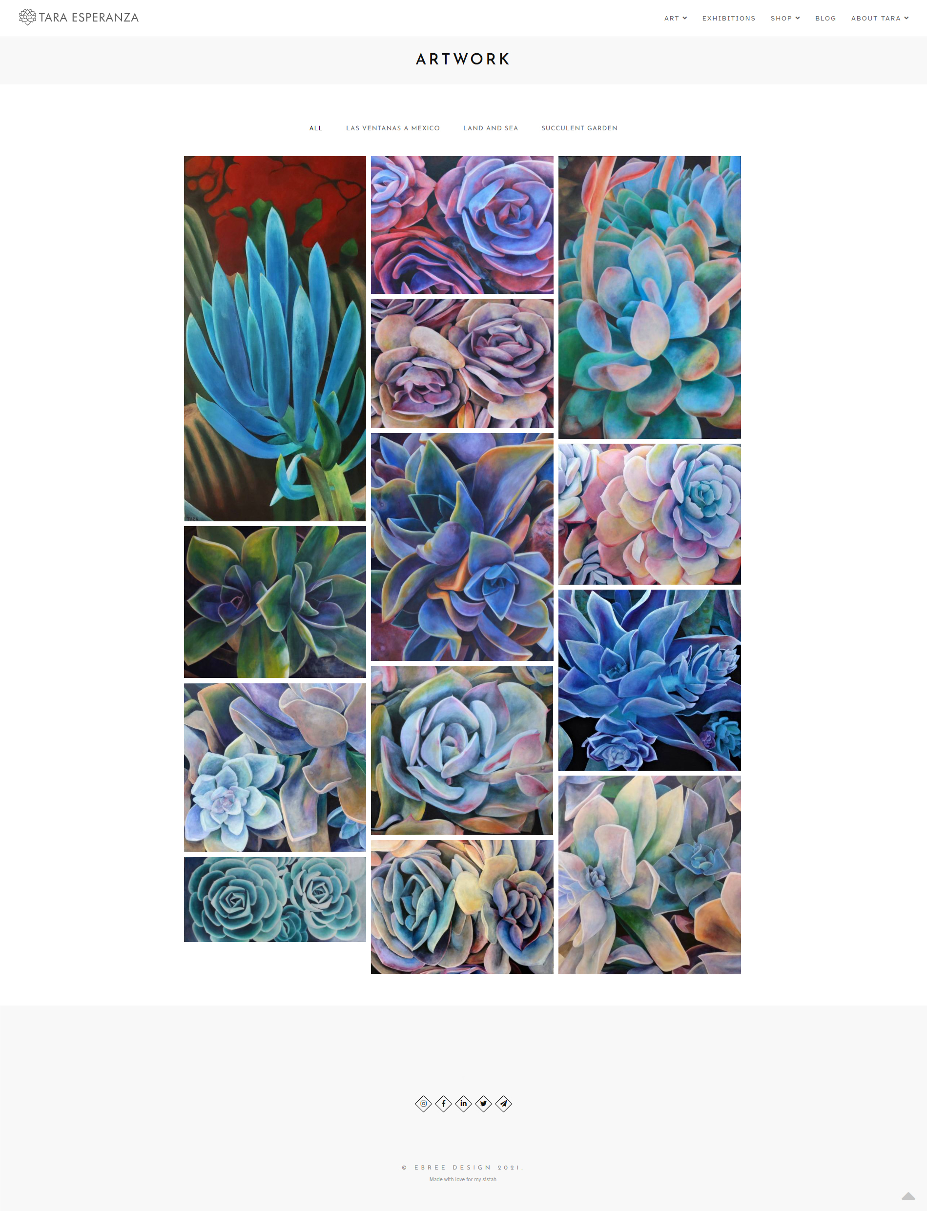 Artwork listing page masonry layout - https://taraesperanza.com &copy; by eBree Web Design